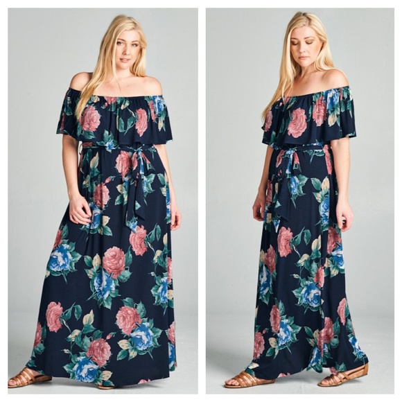 EVIEcarche Dresses & Skirts - Navy Floral Off-Shoulder Ruffle Maxi